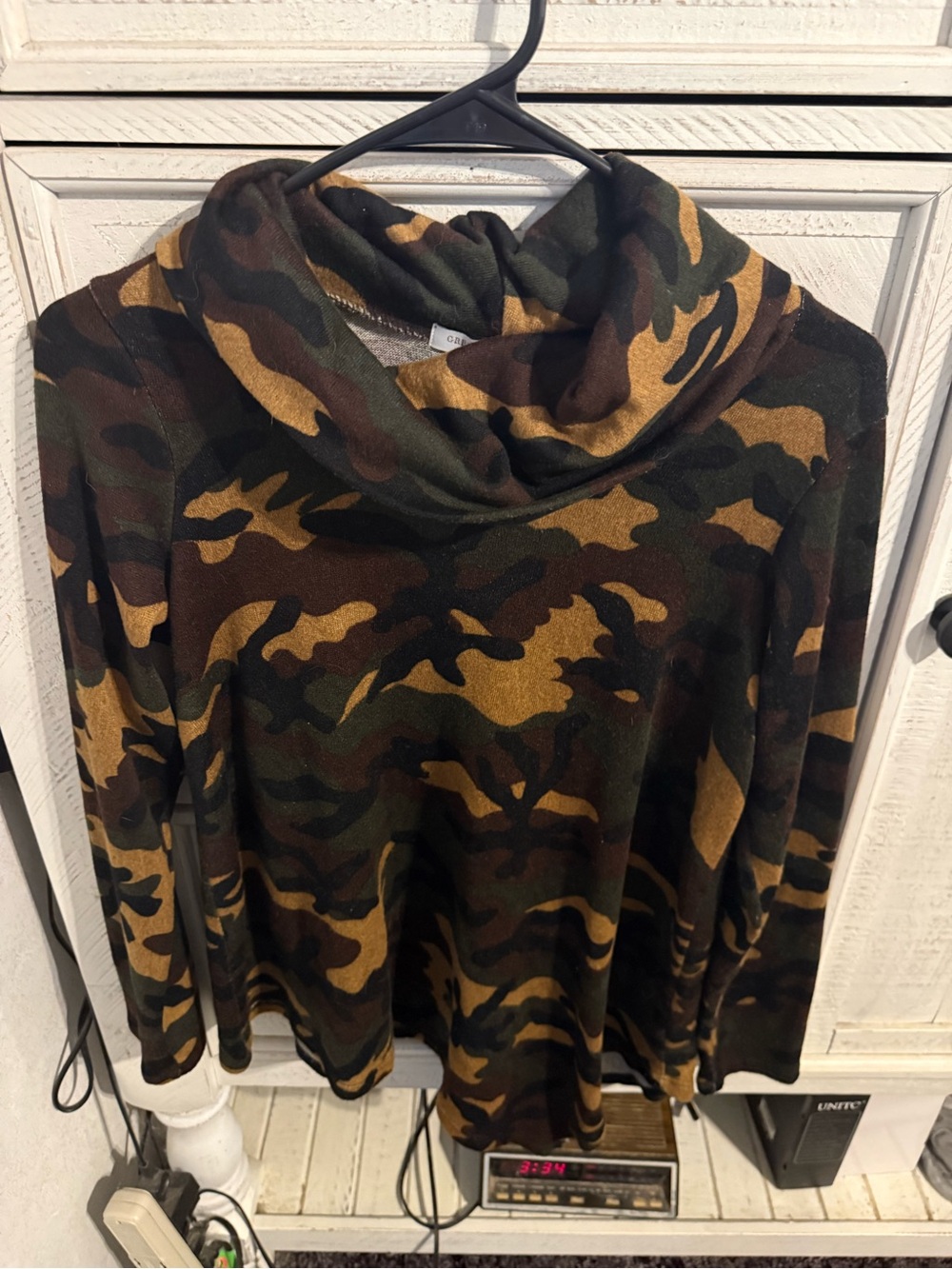 Green Envelope Cowl Neck Camouflage Sweater in Olive and Brown